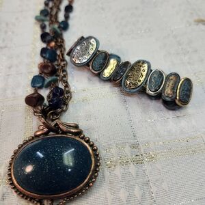 Premier Designs Teal and Bronze Sparkle Pendant Necklace With Bracelet